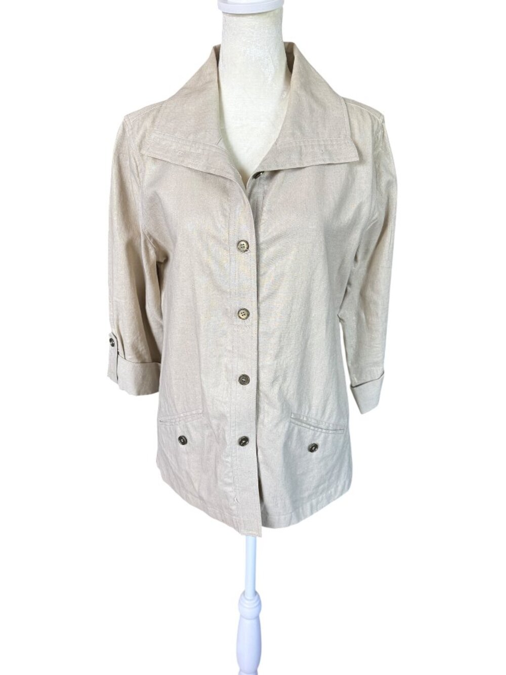 Chico's beige linen blend 3/4 sleeve button down collared jacket size 0